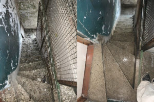 Nettoyage de fientes de pigeons, caca, crottes, excréments de pigeons dans l'escalier d'un bâtiment